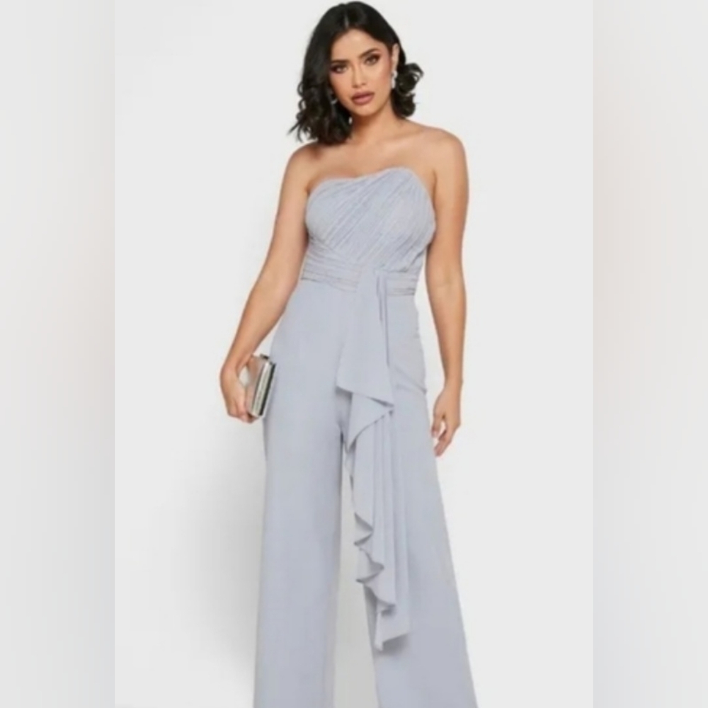 LAVISH ALICE Size 10 Soft Gray Strapless Formal Jumpsuit Cascading Ruffle NWT